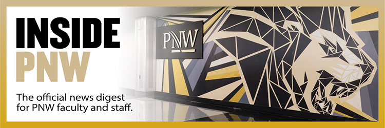 Graphic with text: "Inside PNW: the official news digest for PNW faculty and staff." next to a lion mosaic with PNW logo.