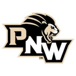 PNW Athletics Logo. Features an illustrated roaring lion head above a diagonally descending PNW.