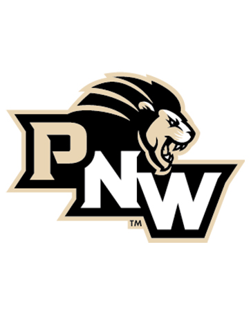 PNW Athletics Logo. Features an illustrated roaring lion head above a diagonally descending PNW.