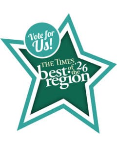 A green illustrated star with text, "Vote for us! The Times best of the region '26."