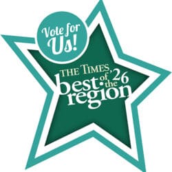 A green illustrated star with text, "Vote for us! The Times best of the region '26."