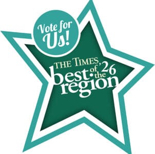 A green illustrated star with text, "Vote for us! The Times best of the region '26."