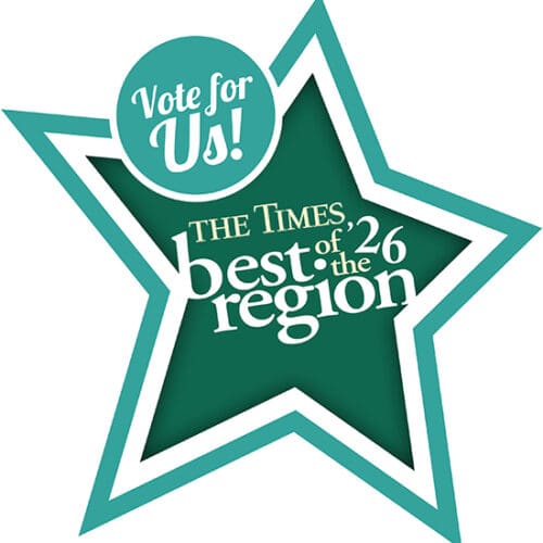 A green illustrated star with text, "Vote for us! The Times best of the region '26."