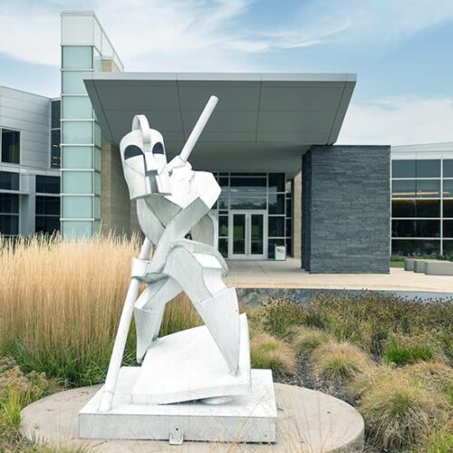 A sculpture in front of PNW's Dworkin Student Services and Activities Complex