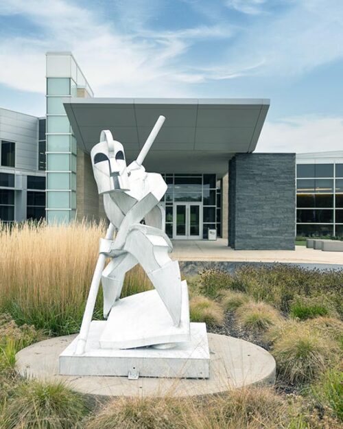 A sculpture in front of PNW's Dworkin Student Services and Activities Complex