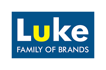 Text Logo: Luke Family of Brands, with white text (and yellow "U") on blue background