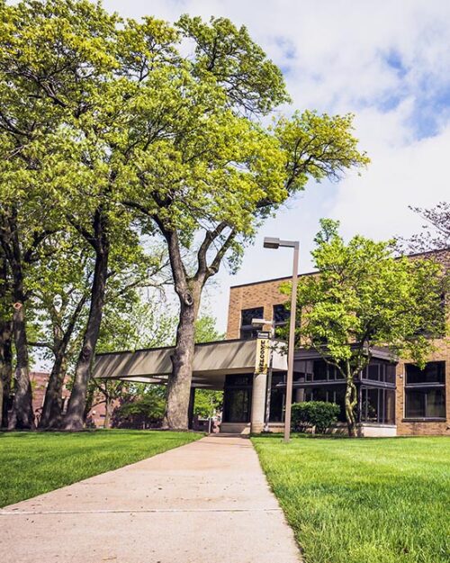 An exterior view of the Potter building on PNW's Hammond Campus in spring.