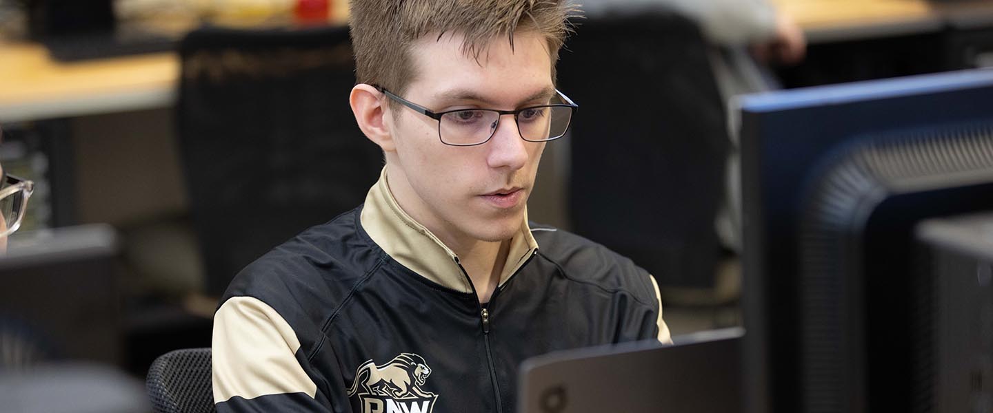 PNW student looking at the computer 1440x600