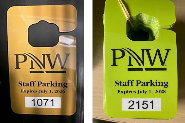 Left: 2026 PNW parking hang tag (gold). Right: 2028 PNW parking hang tag (green)