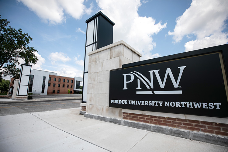 A view of PNW's south entrance with new gateway structures.