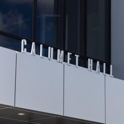 A close view of the building name on Purdue University Northwest's Calumet Hall.