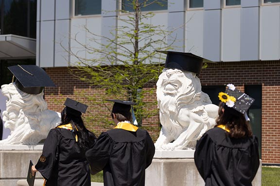 Purdue University Northwest graduates walk past a lion statue wearing a graduation cap.